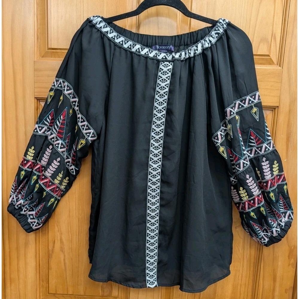 Roaman's Women's 12 W Top Blouse Simi Sheer Fully Lined Embroidered Sleeve Neck